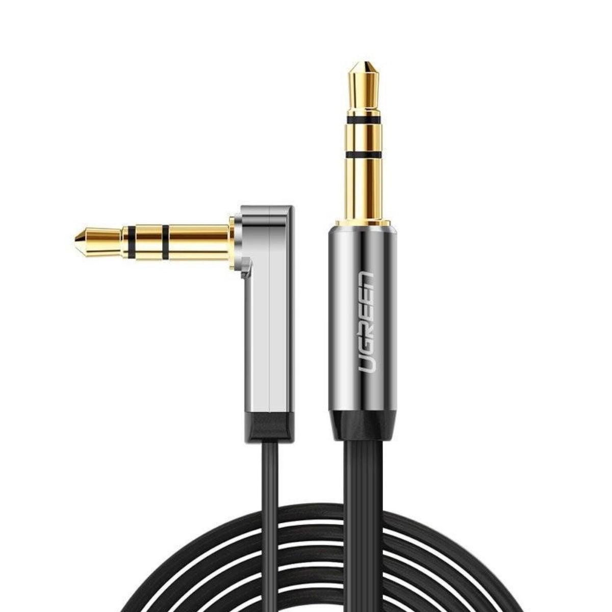 UGreen AV119 Right-angled 3.5mm Flat Aux Cable 1.5m - Black/Silver
