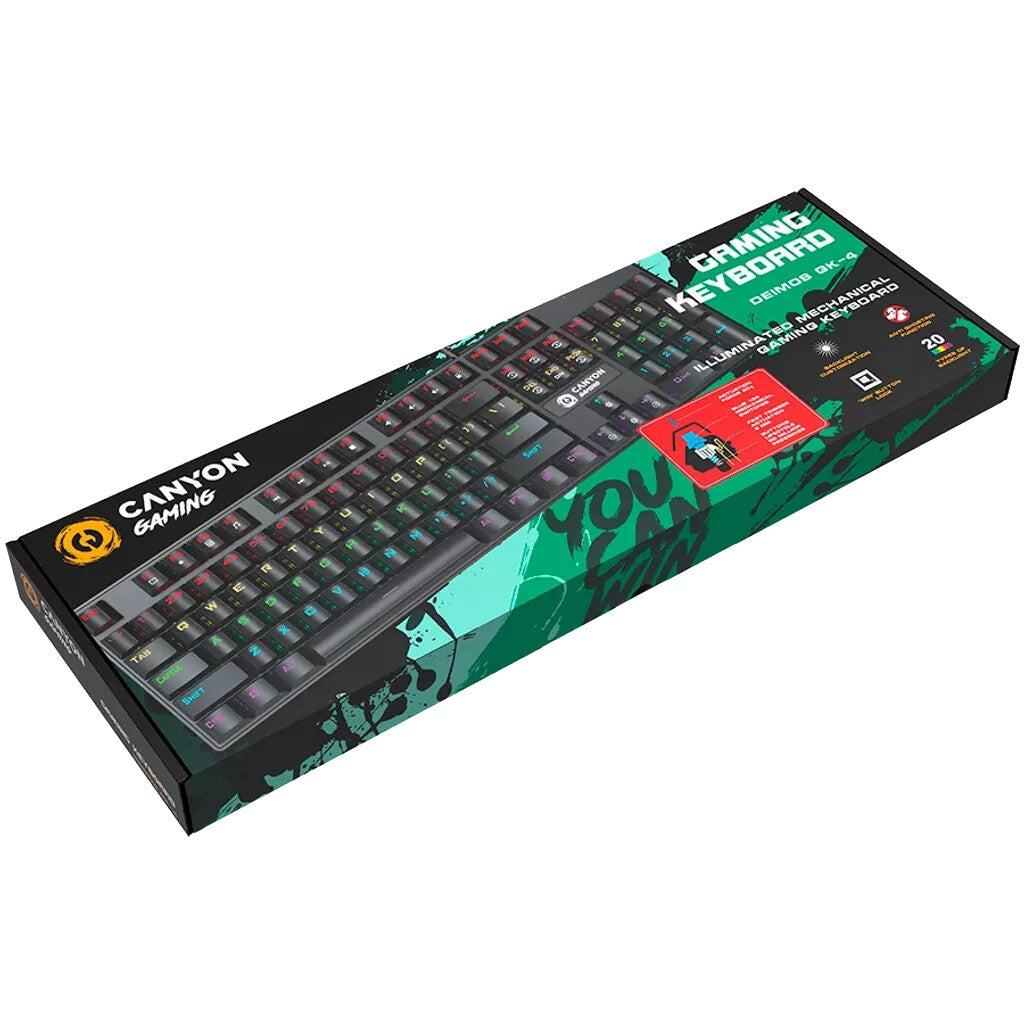Canyon Wired black Mechanical With colorful lighting system104PCS rainbow backlight LED,also can custmized backlight,1.8M braided cable length ,rubber feet,English layout double injection ,Numbers 104 keys,keycaps,0.7kg,Size 429*124*35mm keyboard Gaming U