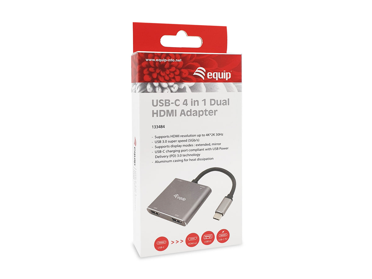 Equip USB-C 4-in-1 Dual HDMI Adapter, USB-C Hub with Dual HDMI USB 3.2 Gen 1 and 100W USB PD, USB-C MST Adapter for Dual Monitors
