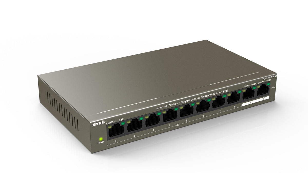 Tenda TEF1110P-8-102W network switch Unmanaged Fast Ethernet (10/100) Power over Ethernet (PoE) Grey
