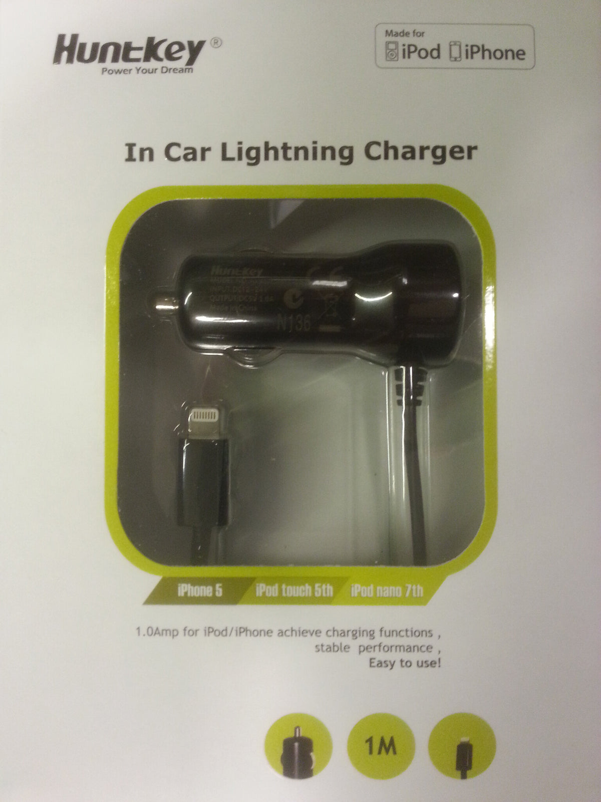 Huntkey iphone 5 car charger, 5V/1A