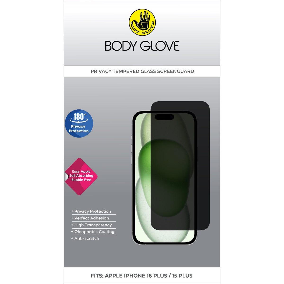 Bodyglove Body Glove Privacy Tempered Glass Screen Protector - Apple iPhone 16 Plus / iPhone 15 Plus - Black Border