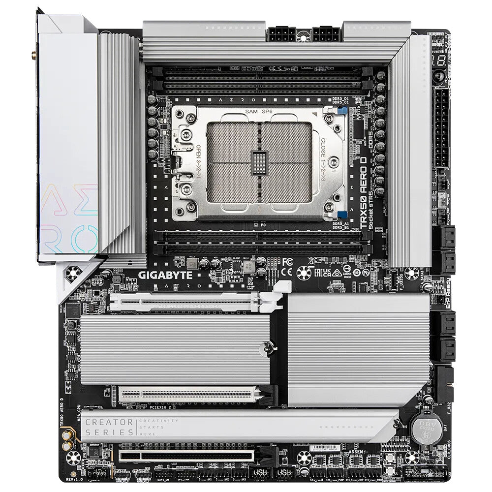 GIGABYTE TRX50 AERO D Motherboard - Supports AMD Ryzen PRO 7000 CPUs, 16+8+4 Phases Digital VRM, up to 7800MHz DDR5 (OC), 4xPCIe 4.0 M.2, Wi-Fi 7, 2.5GbE LAN, USB 3.2 Gen 2