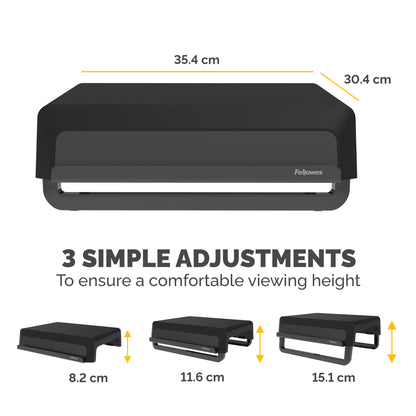 Fellowes Computer Monitor Stand with 3 Height Adjustments - Breyta Monitor Riser with Cable Management - Ergonomic Adjustable Monitor Stand for Computers - Max Weight 15KG - Black