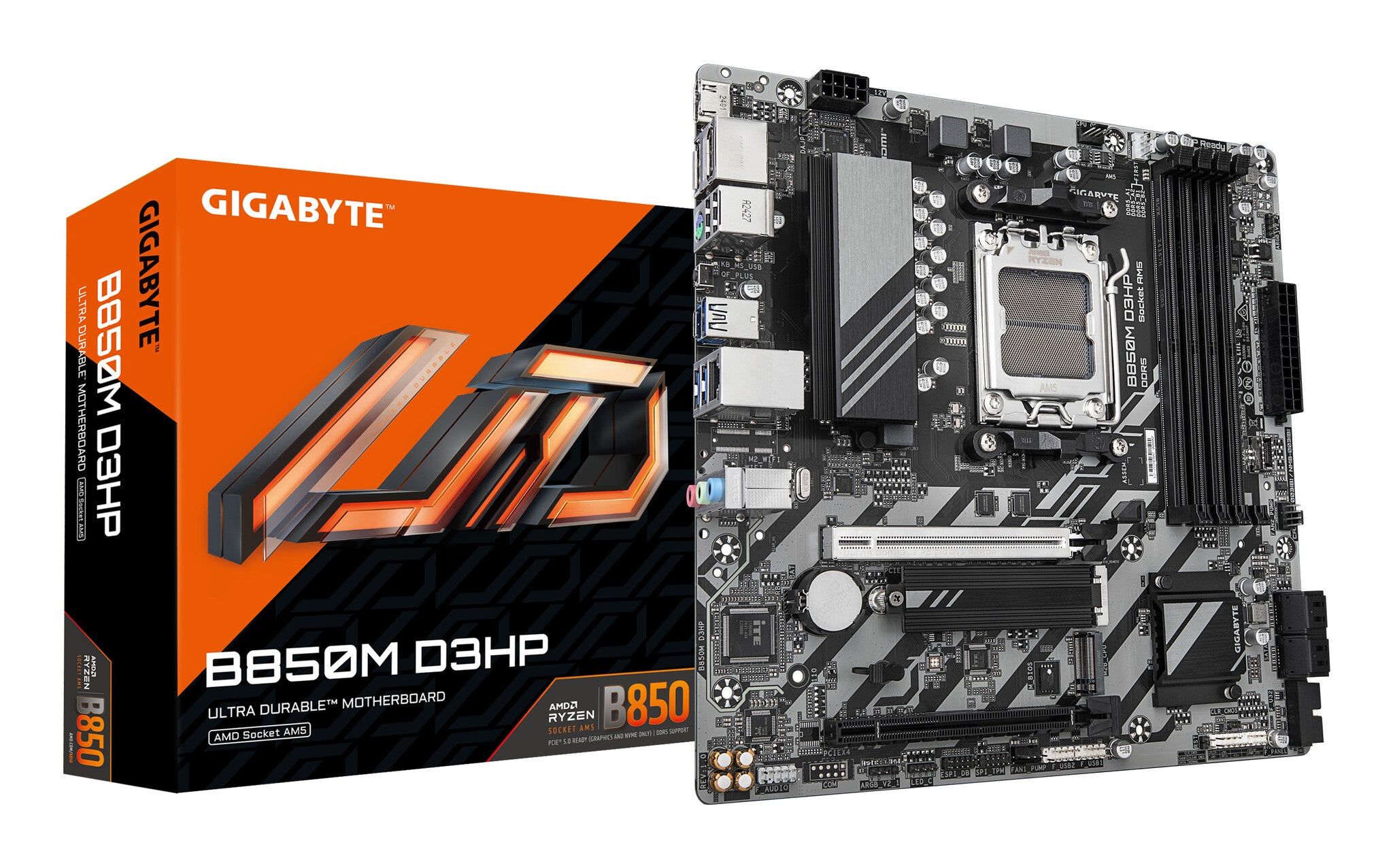 GIGABYTE B850M D3HP Motherboard - AMD Ryzen 9000 Series CPUs, 5+2+2 Phases Digital VRM, up to 8200MHz DDR5 (OC), 1xPCIe 5.0 + 1xPCIe 4.0 M.2, GbE LAN, USB 3.2 Gen 2