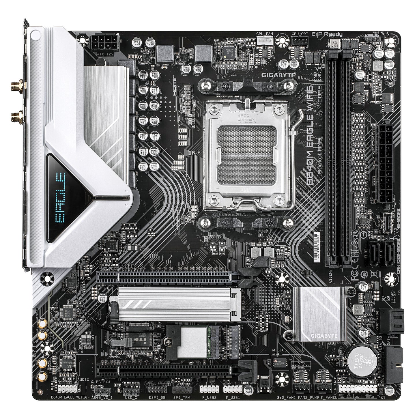 GIGABYTE B840M EAGLE WIFI6 Motherboard - AMD Ryzen 9000 CPUs, 5+2+2 Phases VRM, up to 7600MHz DDR5(O.C), 1xPCIe 4.0 + 1xPCIe 3.0 M.2, Wi-Fi 6, 2.5GbE LAN, USB 3.2 Gen 1