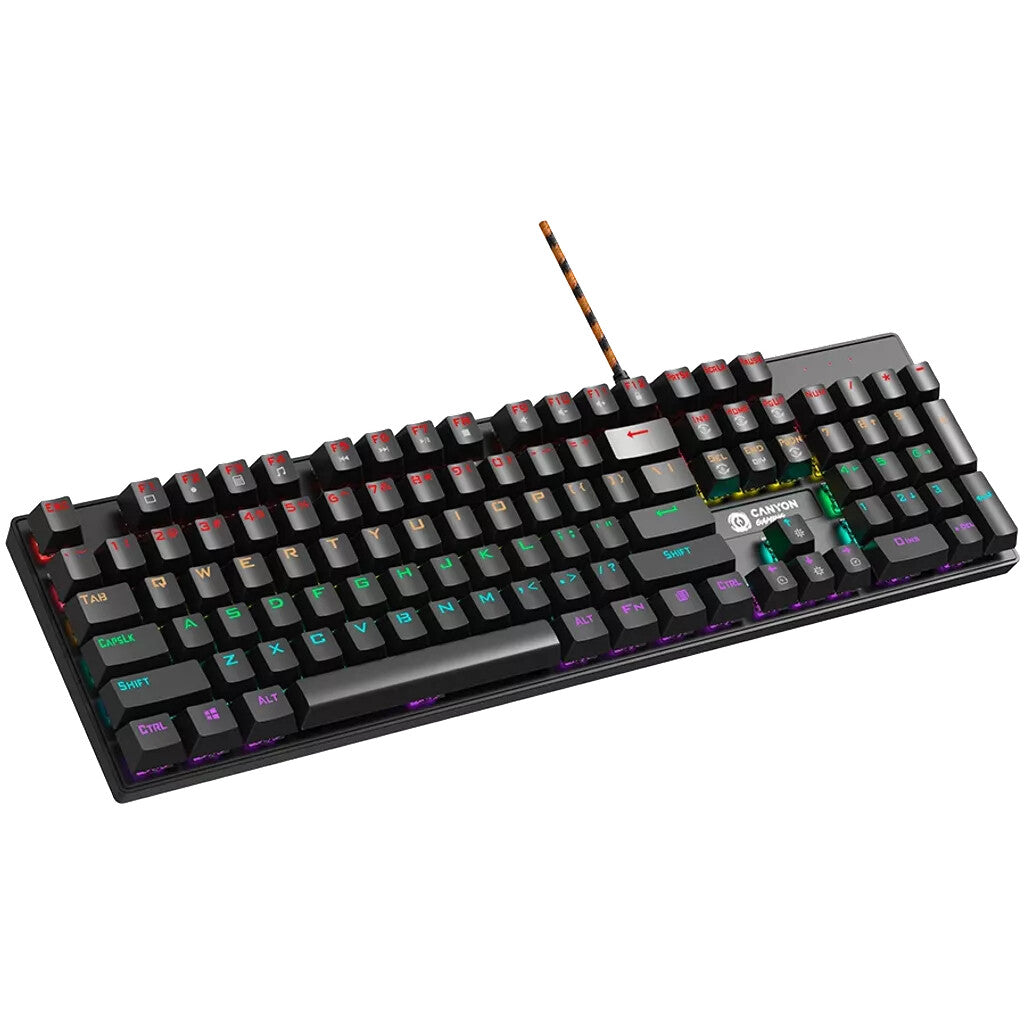 Canyon Wired black Mechanical With colorful lighting system104PCS rainbow backlight LED，also can custmized backlight,1.8M braided cable length ,rubber feet，English layout double injection ，Numbers 104 keys,keycaps,0.7kg，Size 429*124*35mm keyboard Gaming U