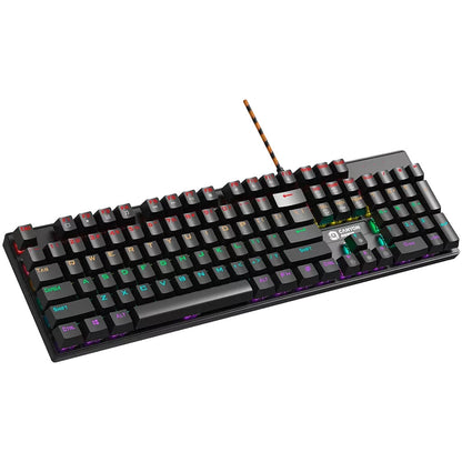 Canyon Wired black Mechanical With colorful lighting system104PCS rainbow backlight LED，also can custmized backlight,1.8M braided cable length ,rubber feet，English layout double injection ，Numbers 104 keys,keycaps,0.7kg，Size 429*124*35mm keyboard Gaming U