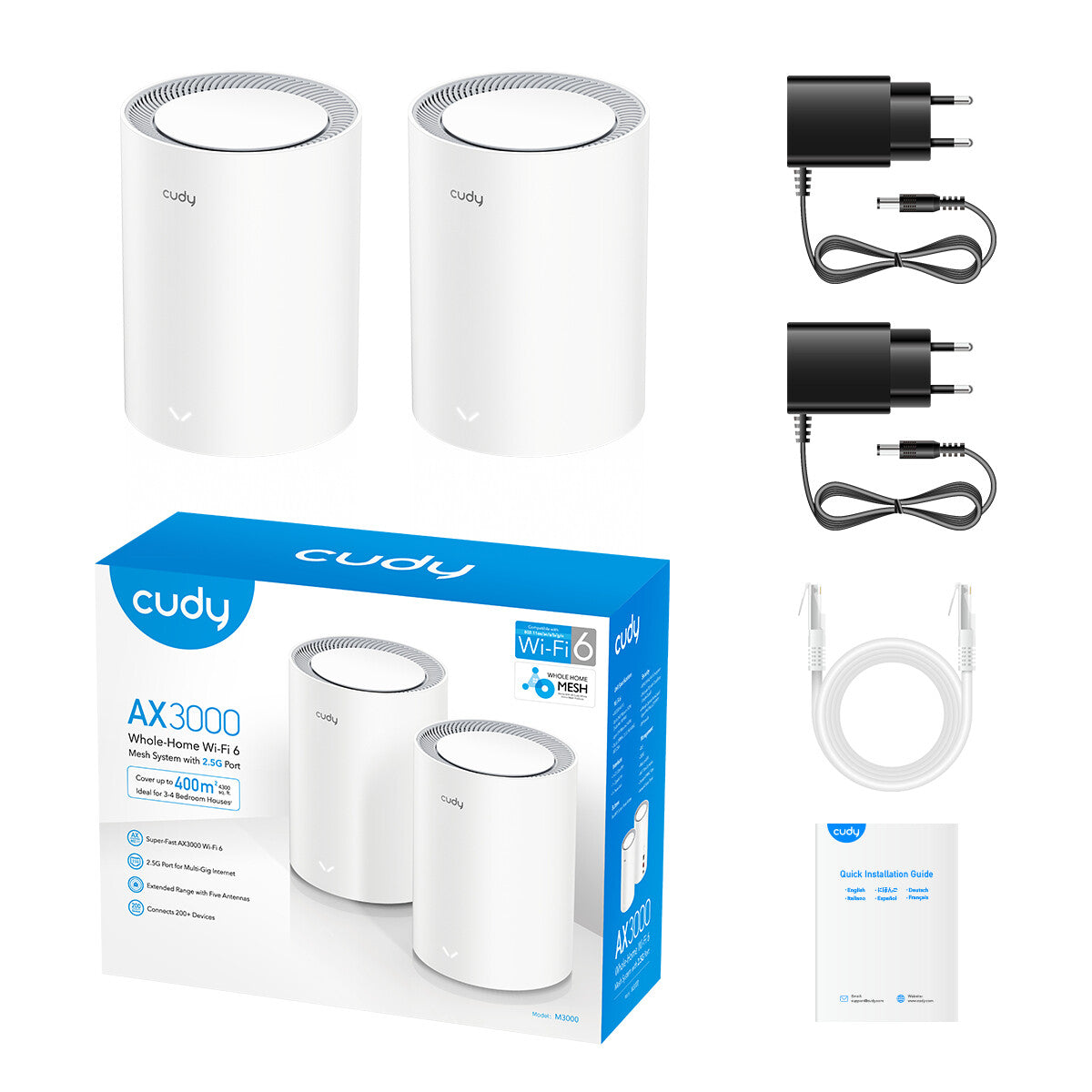 Cudy M3000(2-PACK) V2.0 mesh wi-fi system Dual-band (2.4 GHz / 5 GHz) Wi-Fi 6 (802.11ax) White Internal