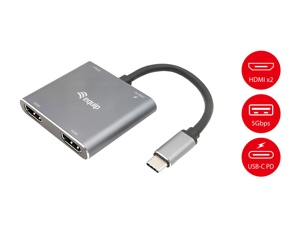 Equip USB-C 4-in-1 Dual HDMI Adapter, USB-C Hub with Dual HDMI USB 3.2 Gen 1 and 100W USB PD, USB-C MST Adapter for Dual Monitors