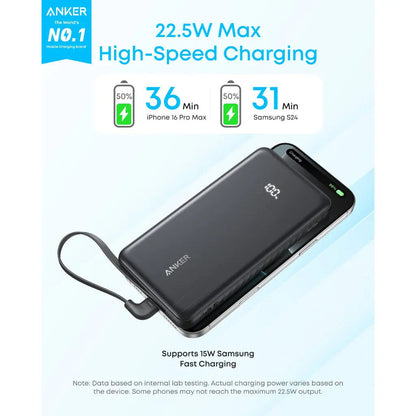 Anker Zolo Power Bank, 10,000mAh Portable Charger 22.5W Output with Built-in USB-C Cable, Black
