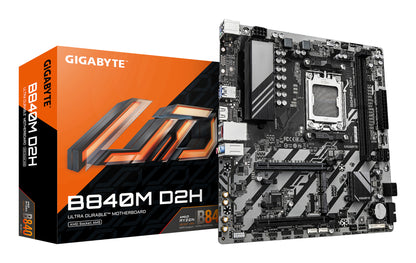 GIGABYTE B840M D2H Motherboard - AMD Ryzen 9000 CPUs, 5+2+2 Phases VRM, up to 7600MHz DDR5, 1xPCIe 4.0 + 1xPCIe 3.0 M.2, 2.5GbE LAN, USB 3.2 Gen 1