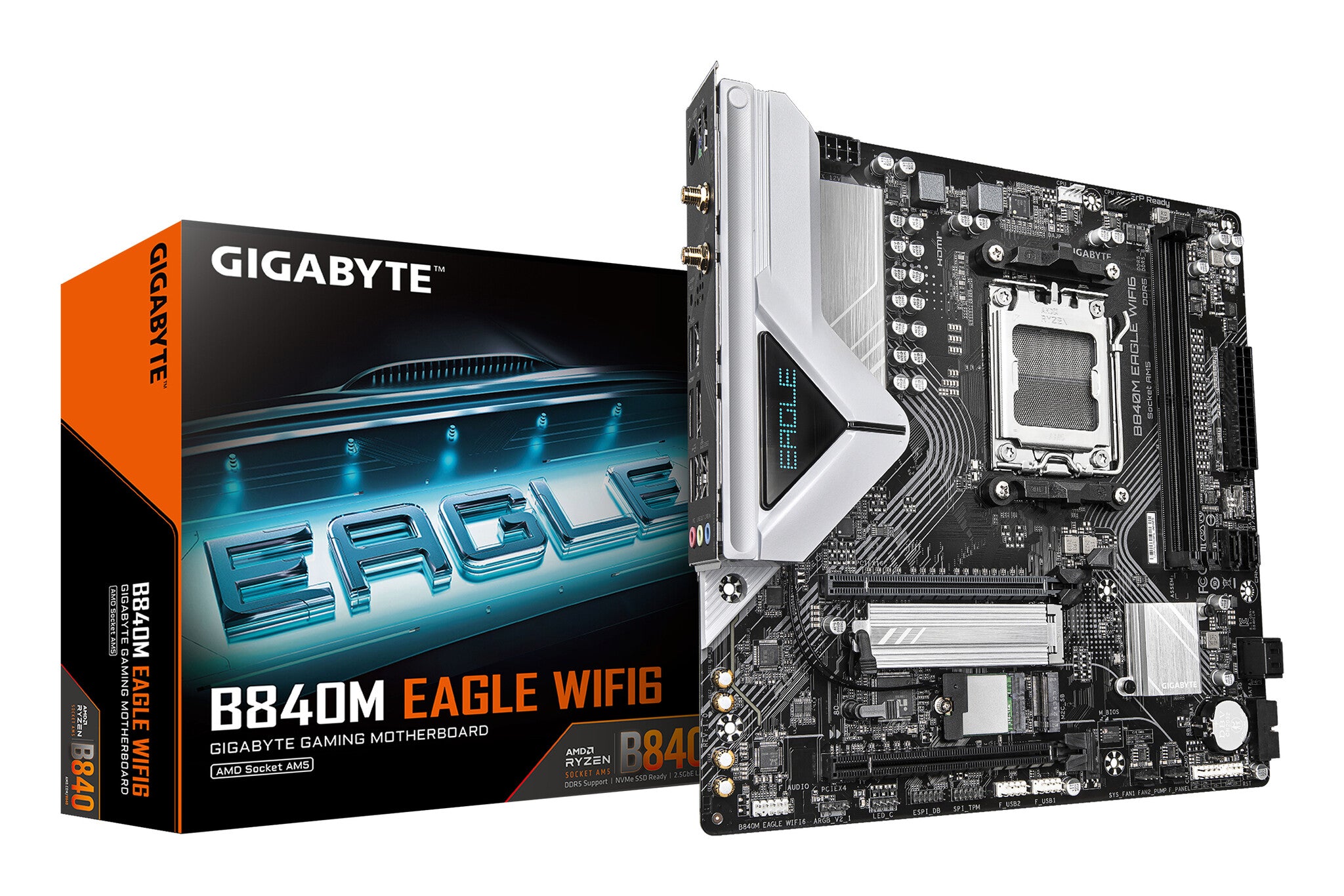 GIGABYTE B840M EAGLE WIFI6 Motherboard - AMD Ryzen 9000 CPUs, 5+2+2 Phases VRM, up to 7600MHz DDR5(O.C), 1xPCIe 4.0 + 1xPCIe 3.0 M.2, Wi-Fi 6, 2.5GbE LAN, USB 3.2 Gen 1