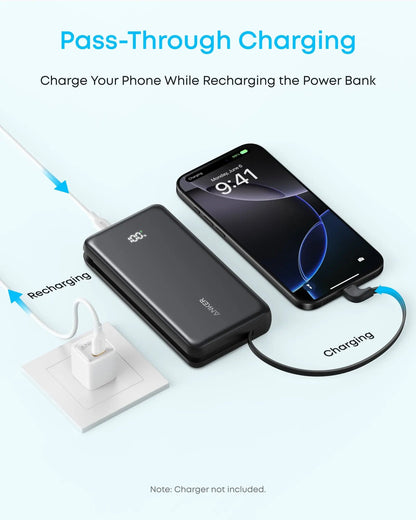 Anker Zolo Power Bank, 10,000mAh Portable Charger 22.5W Output with Built-in USB-C Cable, Black