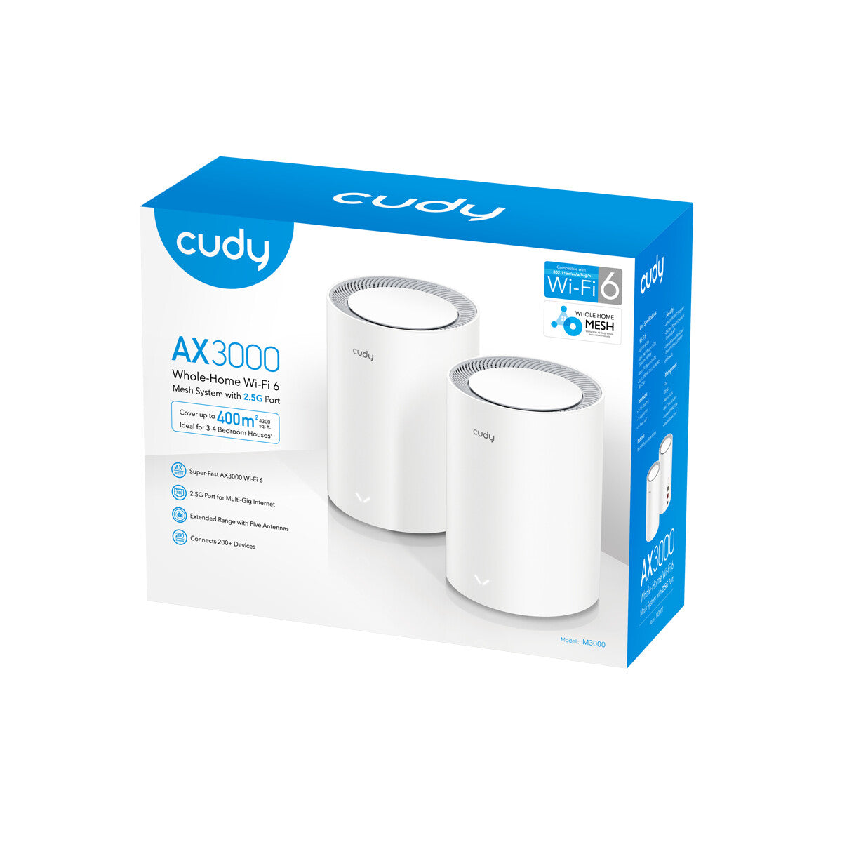 Cudy M3000(2-PACK) V2.0 mesh wi-fi system Dual-band (2.4 GHz / 5 GHz) Wi-Fi 6 (802.11ax) White Internal