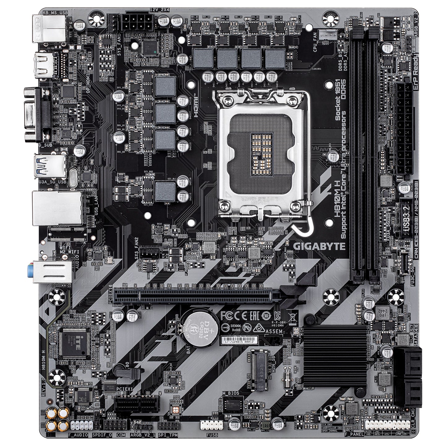 GIGABYTE H810M H Motherboard - Intel Core Ultra (Series 2) CPUs, 4+1+2 Phases VRM, up to 6400MHz DDR5, 1xPCIe 4.0 M.2, 1GbE LAN, USB 3.2 Gen 1