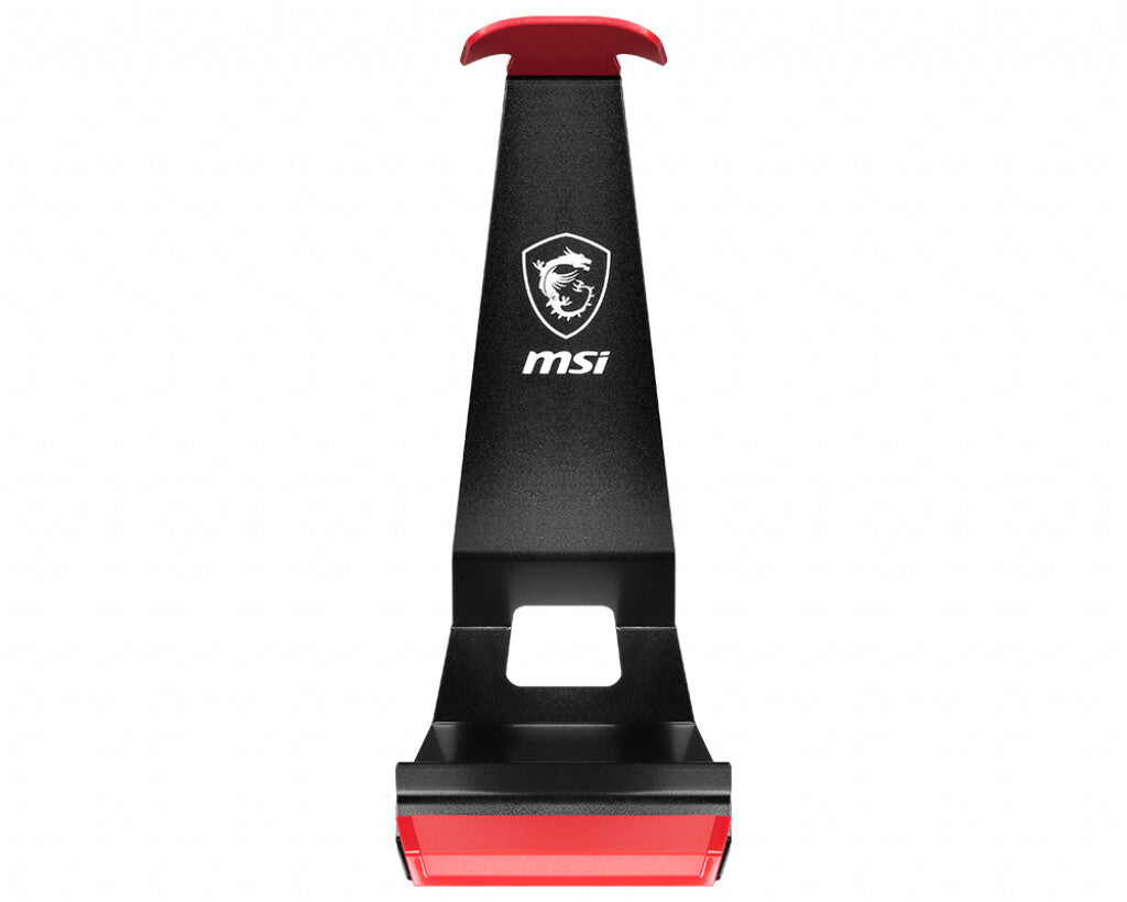 MSI HS01 Gaming Headset Stand 'Black with Red, Solid Metal Design, non slip base, Cable Organiser, Supports most headsets, Mobile holder'