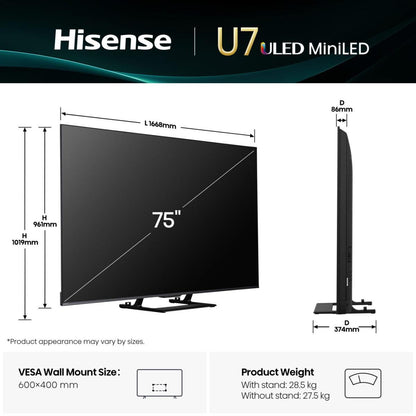 Hisense 75U7Q 190.5 cm (75") 4K Ultra HD Smart TV Wi-Fi Black 450 cd/m²