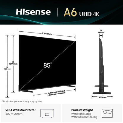 Hisense 85A6Q TV 2.16 m (85") 4K Ultra HD Smart TV Wi-Fi Black 400 cd/m²