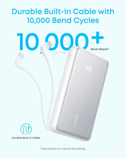Anker Zolo Power Bank, 10,000mAh Portable Charger 22.5W Output with Built-in USB-C Cable, Black