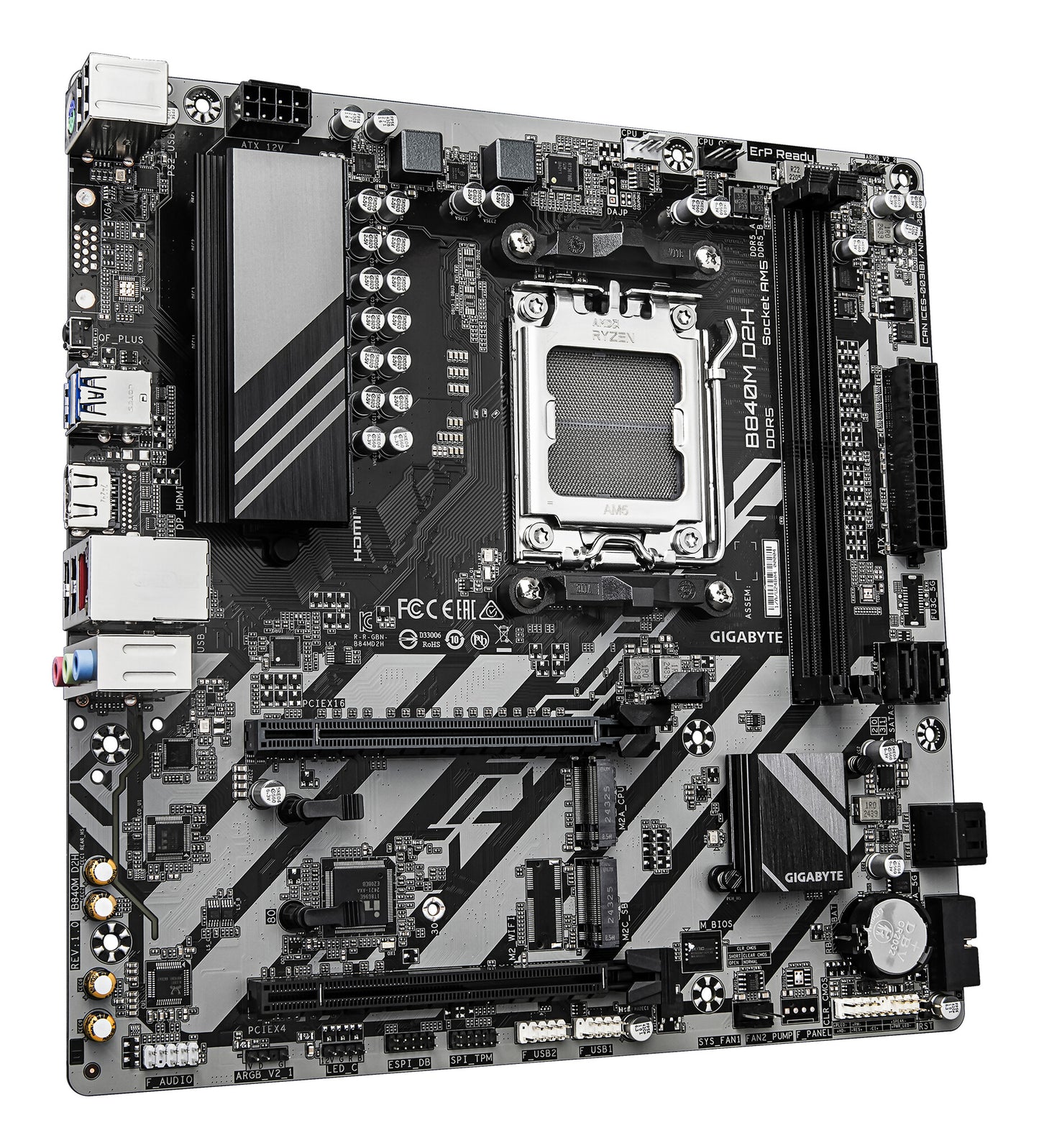 GIGABYTE B840M D2H Motherboard - AMD Ryzen 9000 CPUs, 5+2+2 Phases VRM, up to 7600MHz DDR5, 1xPCIe 4.0 + 1xPCIe 3.0 M.2, 2.5GbE LAN, USB 3.2 Gen 1