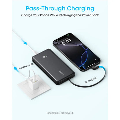 Anker Zolo Power Bank, 10,000mAh Portable Charger 22.5W Output with Built-in USB-C Cable, Black
