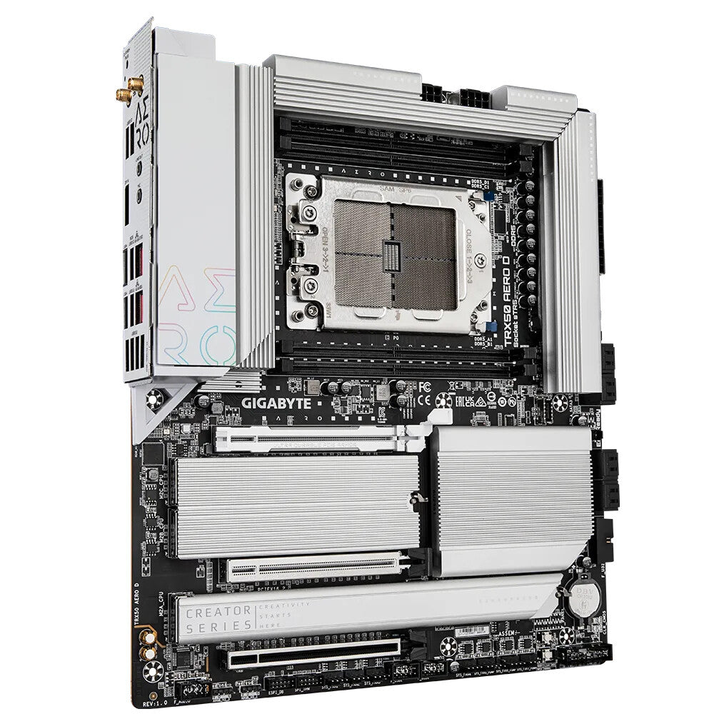 GIGABYTE TRX50 AERO D Motherboard - Supports AMD Ryzen PRO 7000 CPUs, 16+8+4 Phases Digital VRM, up to 7800MHz DDR5 (OC), 4xPCIe 4.0 M.2, Wi-Fi 7, 2.5GbE LAN, USB 3.2 Gen 2