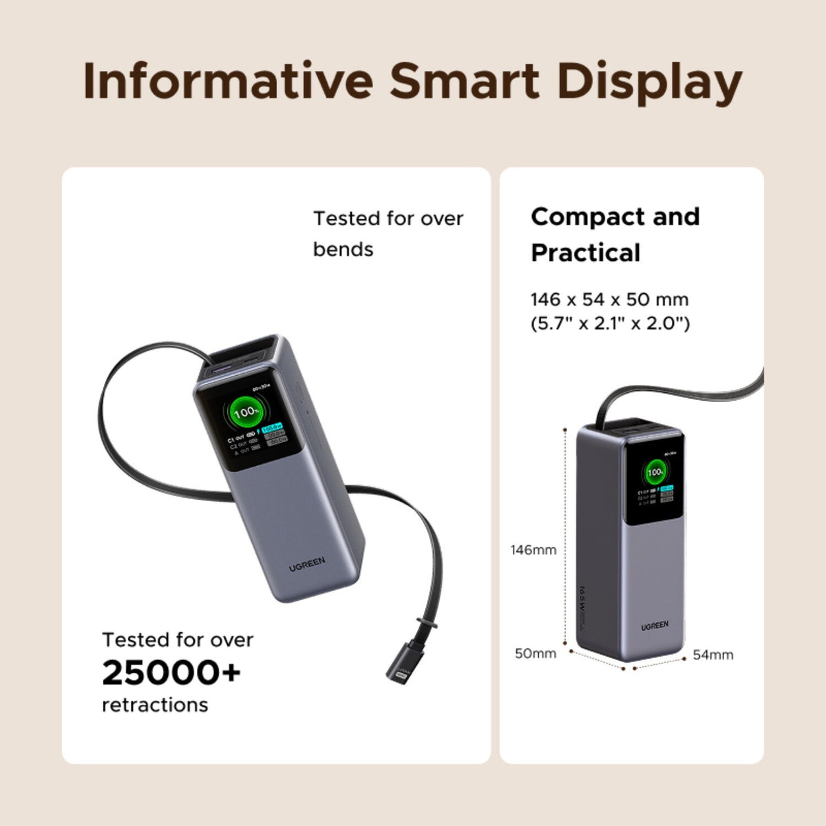UGREEN Power Bank With Retractable Cable 165W - Grey