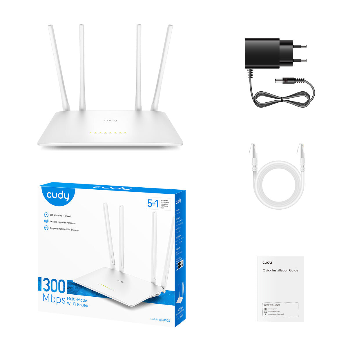 Cudy 300 Mbps Multi-Mode Wi-Fi Router, WR300S 1.0 wireless router Fast Ethernet Single-band (2.4 GHz) White