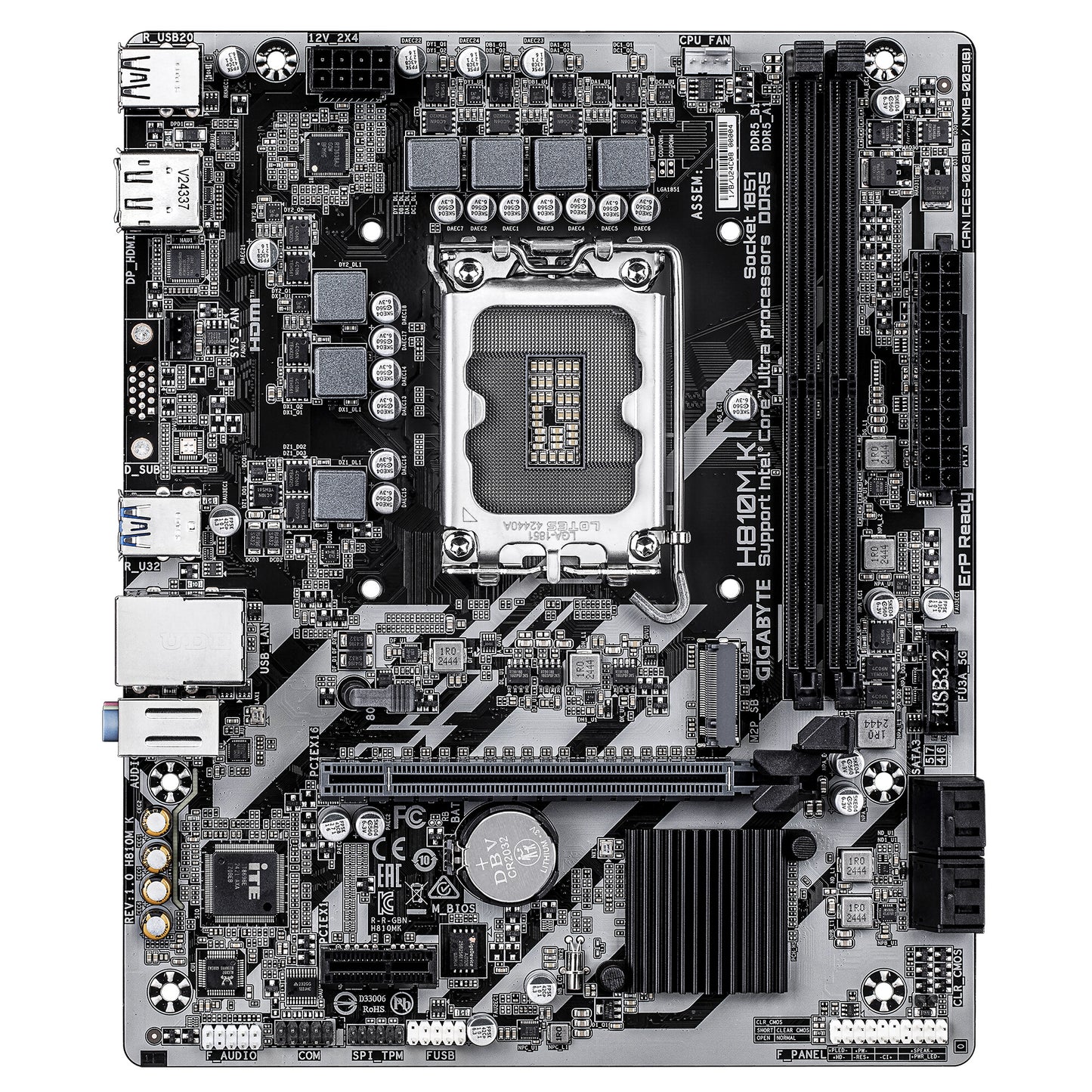 GIGABYTE H810M K Motherboard - Intel Core Ultra (Series 2) CPUs, 3+1+2 Phases VRM, up to 6400MHz DDR5, 1xPCIe 4.0 M.2, 1GbE LAN, USB 3.2 Gen 1