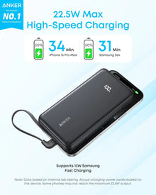 Anker Zolo Power Bank, 10,000mAh Portable Charger 22.5W Output with Built-in USB-C Cable, Black