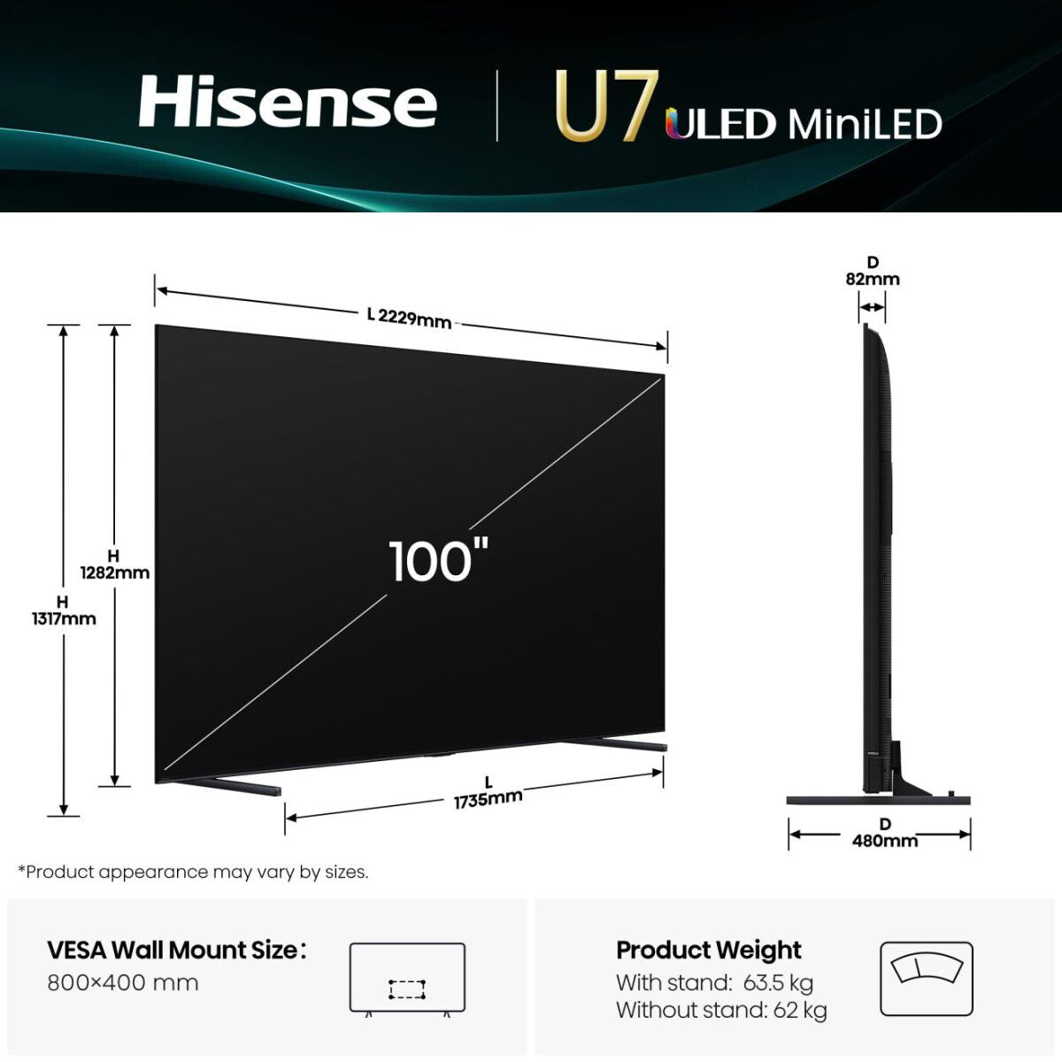 Hisense 100U7Q 2.54 m (100") 4K Ultra HD Smart TV Wi-Fi Black