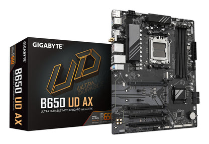 GIGABYTE B650 UD AX Motherboard - AMD Ryzen 9000 Series CPUs, 6+2+2 Phases VRM, up to 7600MHz DDR5 (OC), 1xPCIe 5.0 + 2xPCIe 4.0 M.2, GbE LAN, WIFI 6, USB 3.2 Gen 2