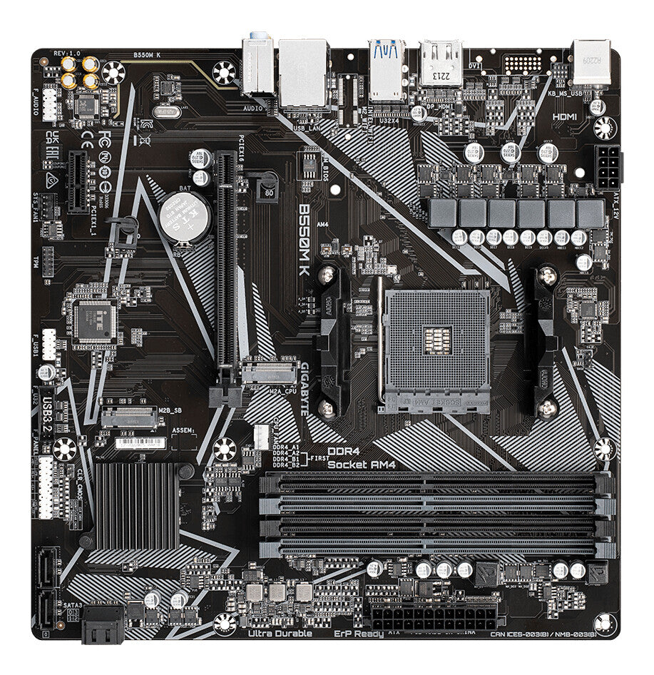 GIGABYTE B550M K Motherboard - AMD Ryzen 5000 CPUs, up to 4733MHz DDR4, 1xPCIe 4.0 + 1xPCIe 3.0 M.2, 1GbE LAN, USB 3.2 Gen 1