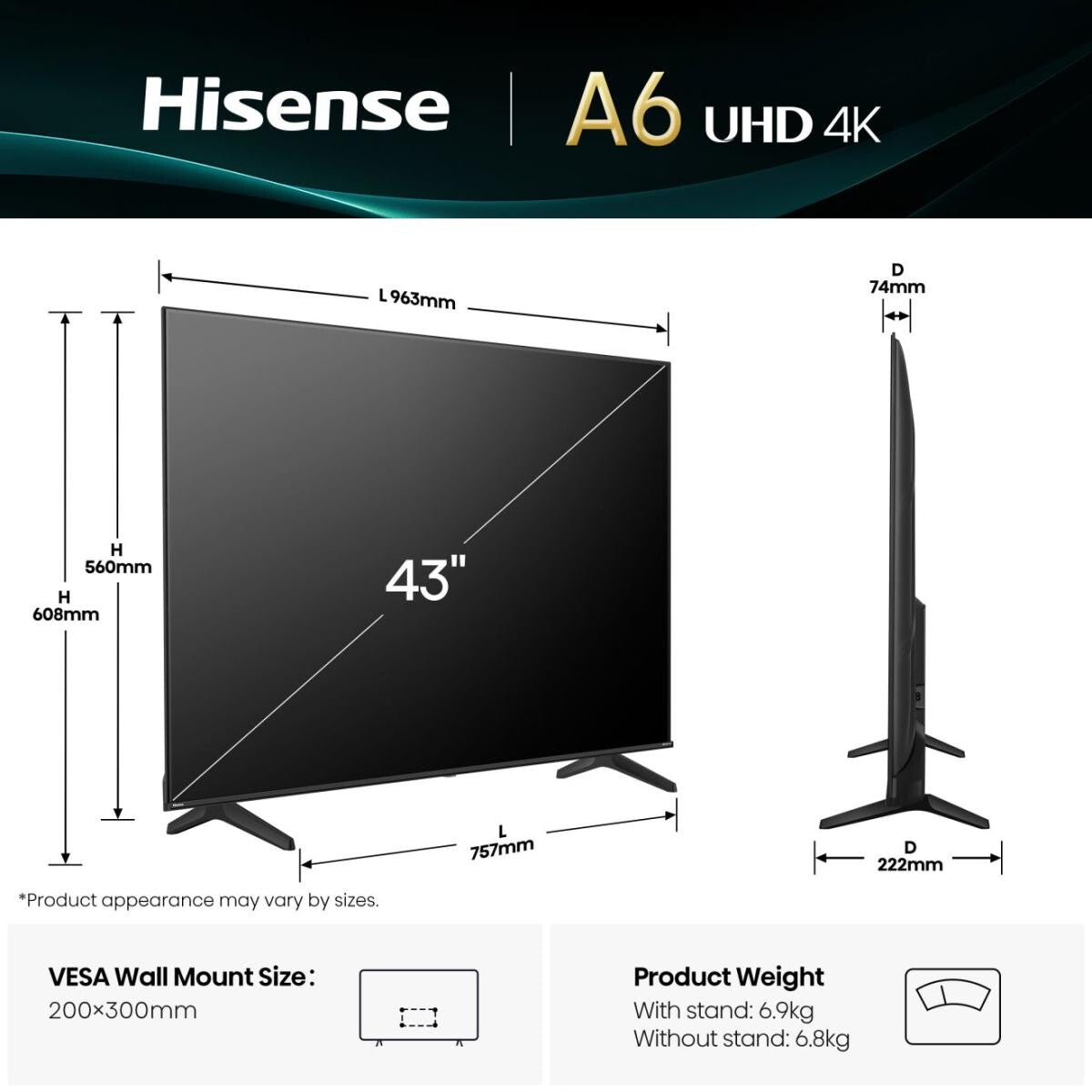 Hisense 43A6Q 109.2 cm (43") 4K Ultra HD Smart TV Wi-Fi Black 300 cd/m²