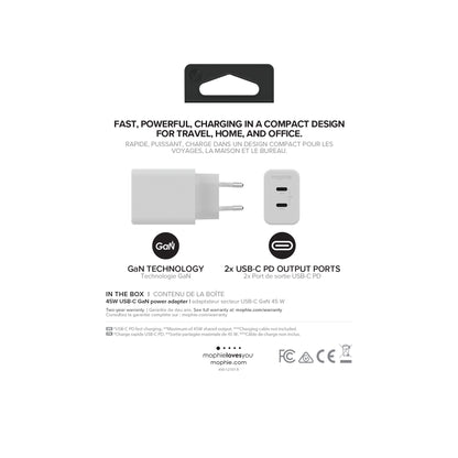 mophie Accessories Wall Adapter-USB-C-PD-DUAL-45W-GAN-White-EU(2xUSBC)