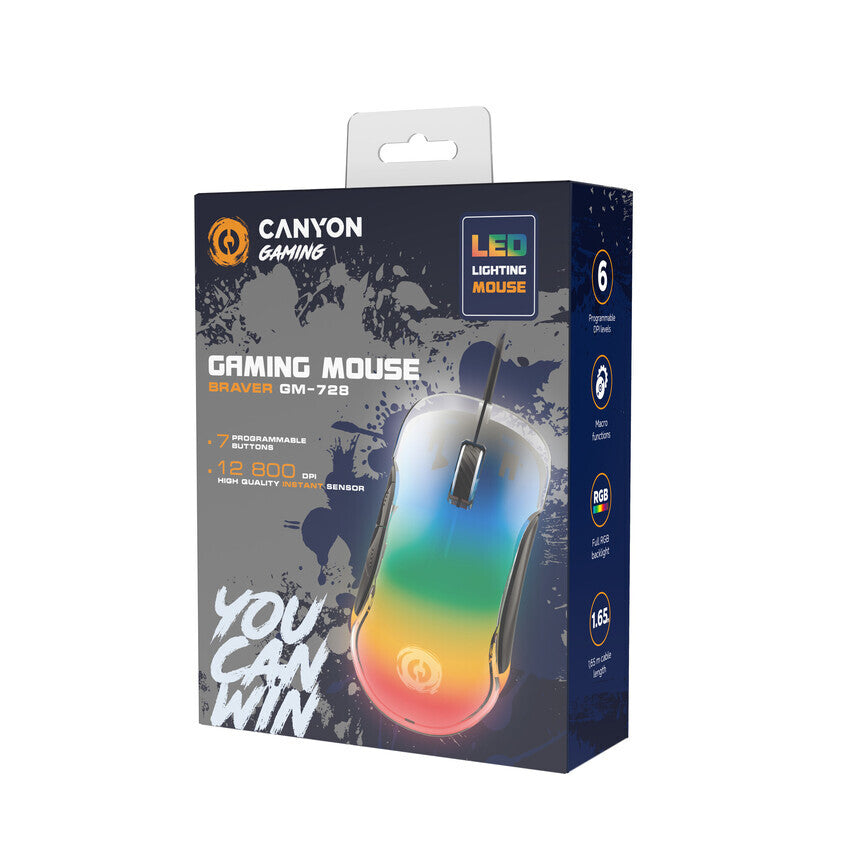 Canyon Braver GM-728, Optical Crystal gaming pel?, Instant 825, ABS material, huanuo 10 million cycle switch, 1.65M TPE cable with magnet ring, weight: 114g, Size: 122.6*66.2*38.2mm, Juodas mouse