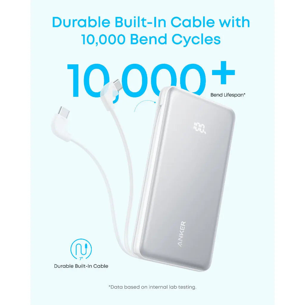 Anker Zolo Power Bank, 10,000mAh Portable Charger 22.5W Output with Built-in USB-C Cable, Black