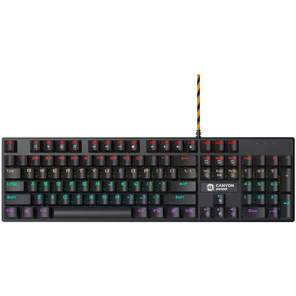 Canyon Wired black Mechanical With colorful lighting system104PCS rainbow backlight LED，also can custmized backlight,1.8M braided cable length ,rubber feet，English layout double injection ，Numbers 104 keys,keycaps,0.7kg，Size 429*124*35mm keyboard Gaming U