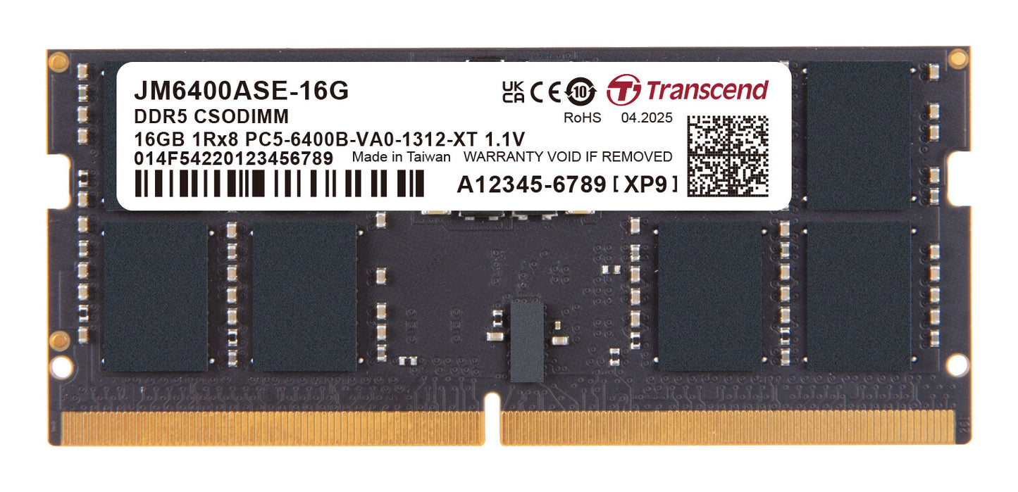 Transcend JM6400ASE-16G memory module 16 GB 1 x 16 GB DDR5 6400 MT/s 262-pin SO-DIMM