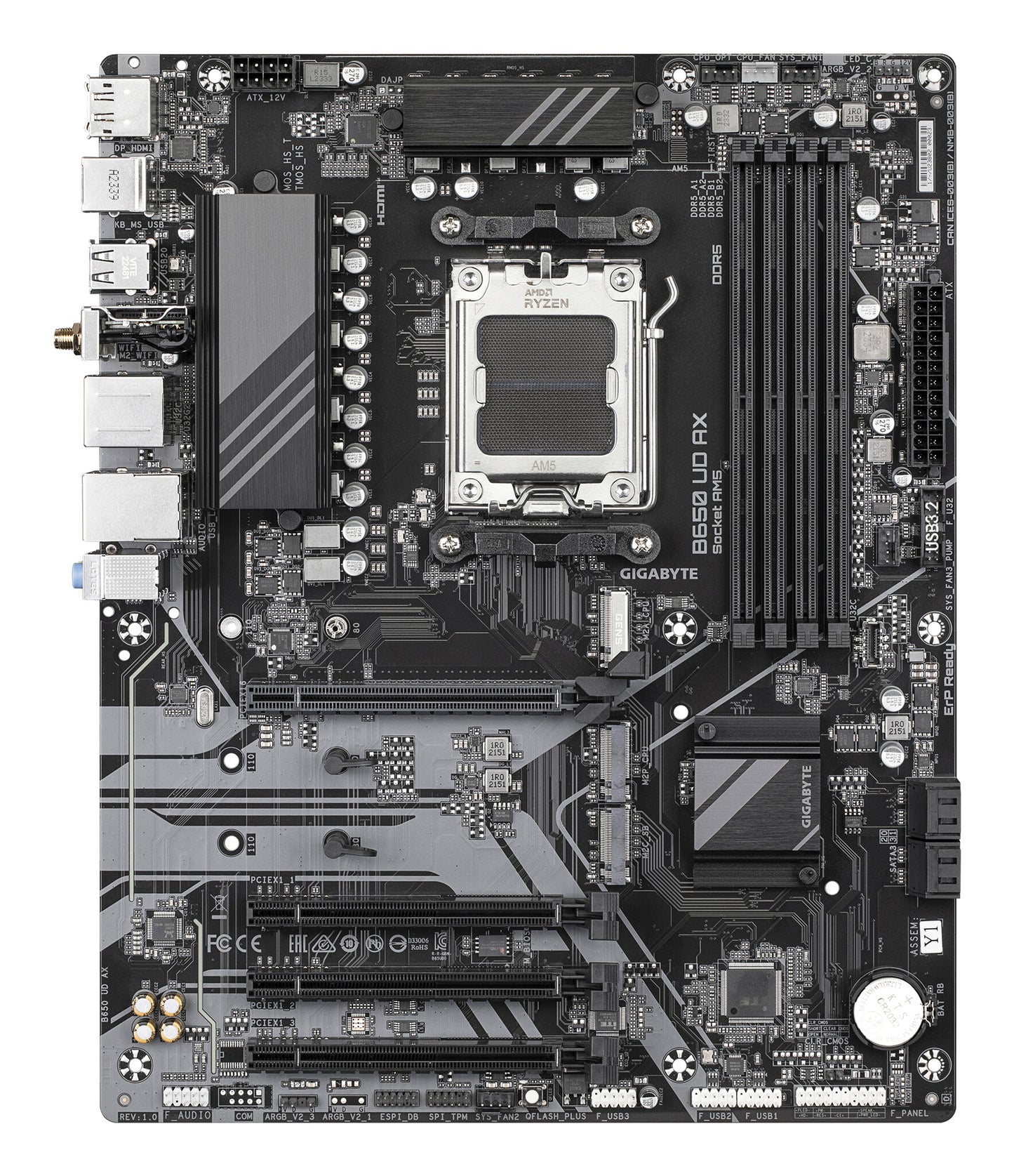 GIGABYTE B650 UD AX Motherboard - AMD Ryzen 9000 Series CPUs, 6+2+2 Phases VRM, up to 7600MHz DDR5 (OC), 1xPCIe 5.0 + 2xPCIe 4.0 M.2, GbE LAN, WIFI 6, USB 3.2 Gen 2