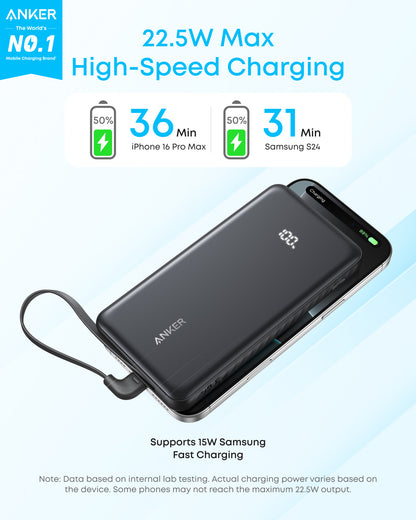 Anker Zolo Power Bank, 10,000mAh Portable Charger 22.5W Output with Built-in USB-C Cable, Black